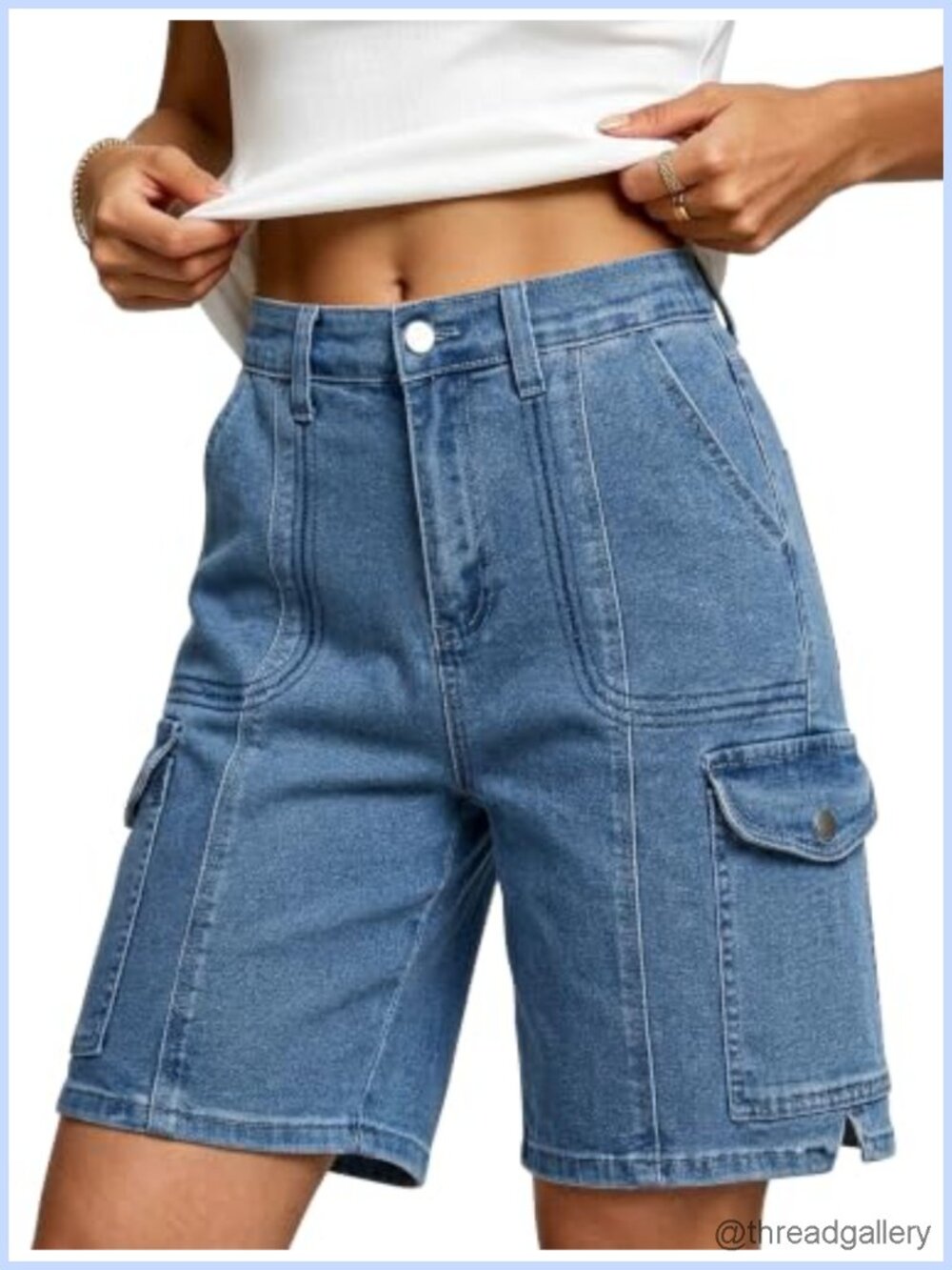Women's Knee Length Cargo Bermuda Shorts High Waisted Cotton 6 Pockets